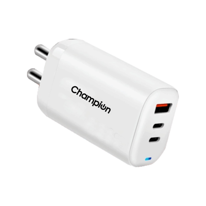 Champion 25W Wall Charger (USB+Type-C+Type-C) Supports Warp/Dash/SuperVooc Charging (White)