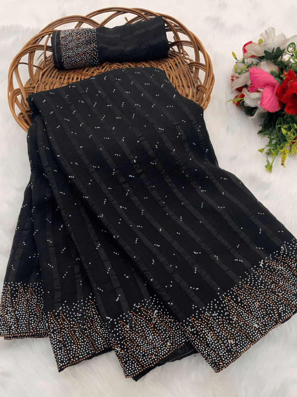 Georgette Attractive New Design Fancy Saree With Swarovski Daimond Work Party Wear& Festive Wear Saree With Fancy Blouse