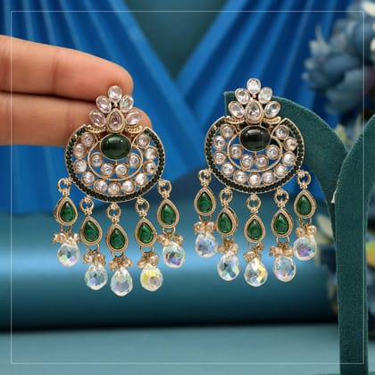 Green Color American Diamond Earrings-Default Title / Green / Alloy With Good Quality Mehndi Gold Plated