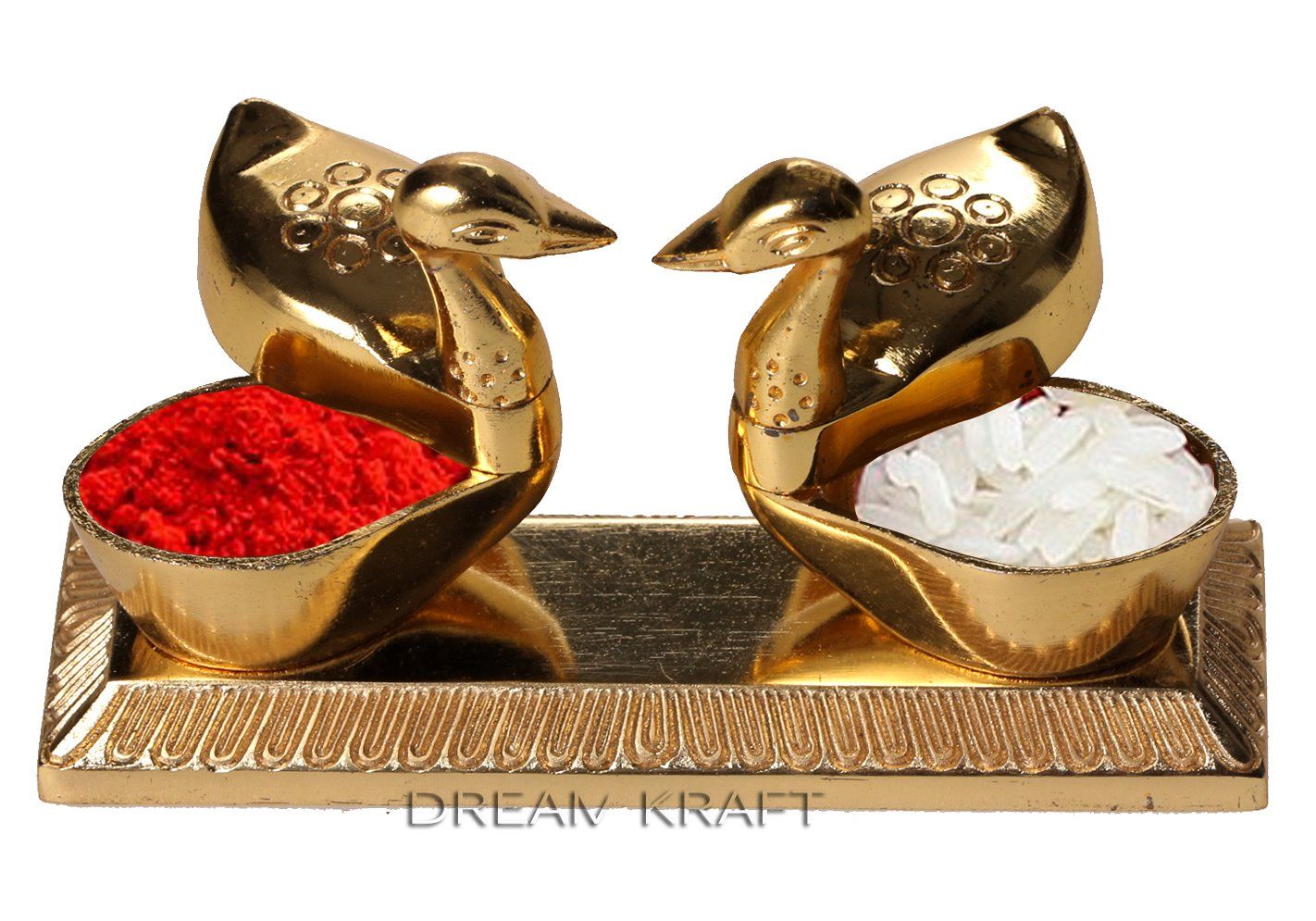 DreamKraft Metal Loving Bird Duck Chopda Pair with Kumkum Roli Rice Box (Gold, Standard) - 10 Pieces