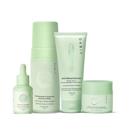 Gabit Skincare Gamechangers Kit | Complete Skincare Routine Kit for Women & Men with Niacinamide & Hyaluronic Face Wash, 8% Vitamin C & Arbutin Serum, Ceramide & Hyaluronic Moisturizer, 100% Mineral Sunscreen | Daily Skin Combo For Nourished & Glowing Sk