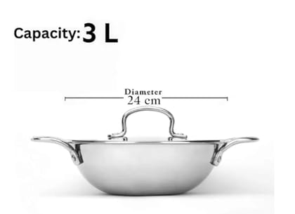 WEKTU Triply Stainless Steel Kadhai with Lid – 24 cm Diameter, 3 L Capacity, Induction Bottom
