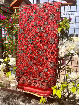Chanderi Cotton Silk Ajrakh Print Saree - Red