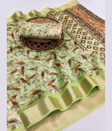 BAYUPRI Organza Printed Saree With Unstitched Blouse Piece ( Green )