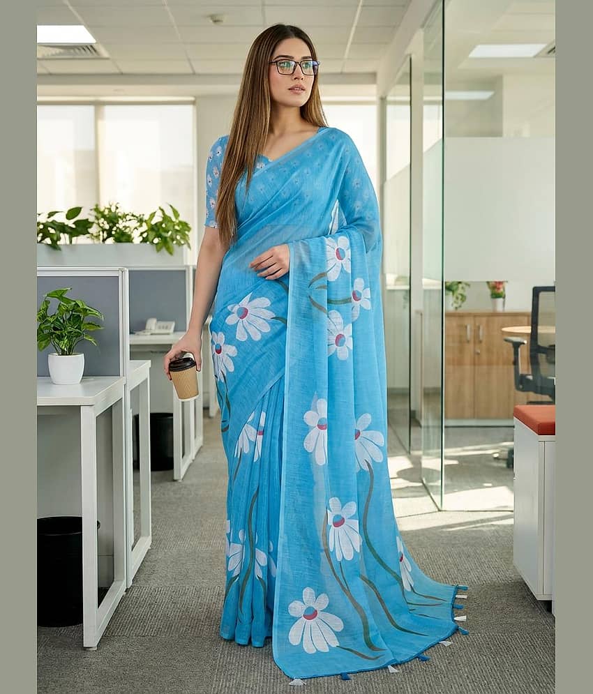 ANAND SAREES Cotton Printed Kasavu Saree With Unstitched Blouse Piece ( BLUE )
