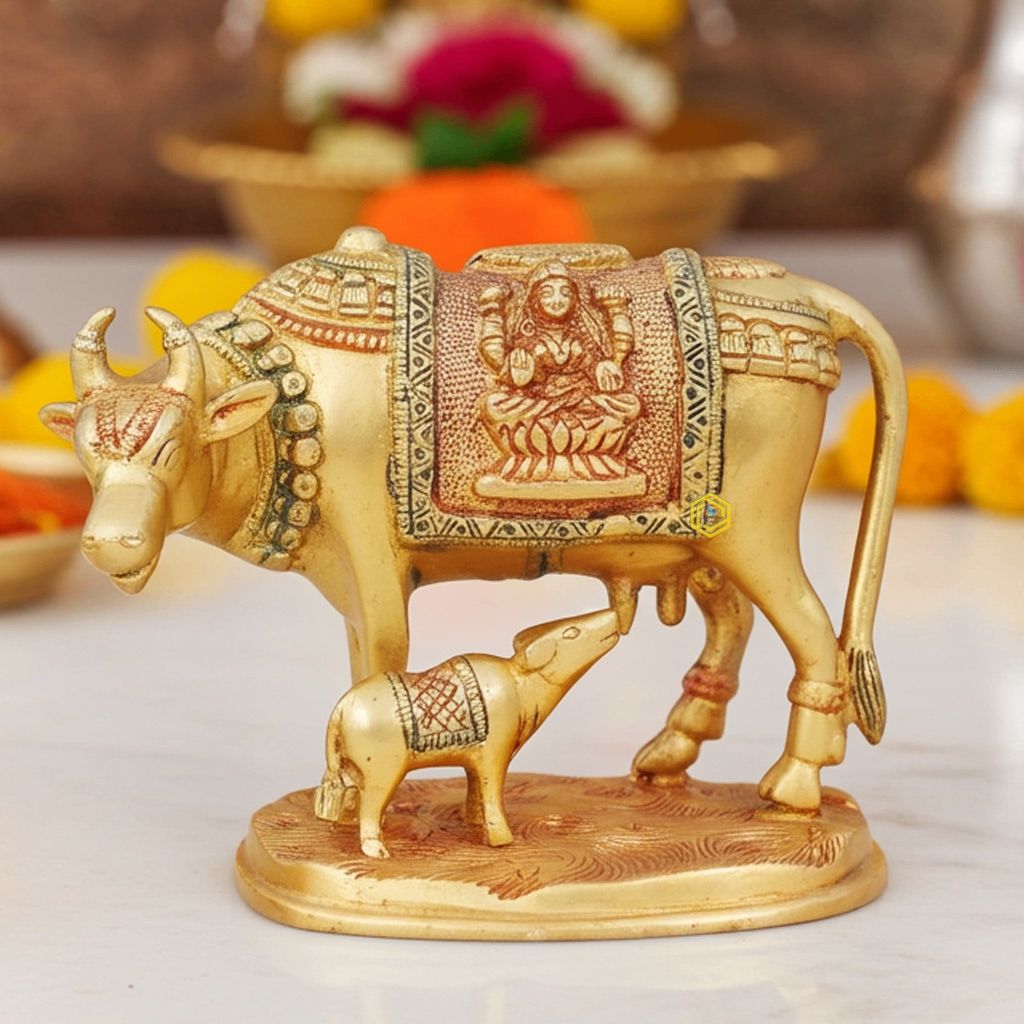 Brass Cow & Calf Statue - Handcrafted Puja Decor, Height : 4 Inch (BSMAS1012 A)