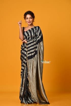 Param Sundari ~ Golden Earth ~ Munga Silk Saree in Black Gold with Subtle Stripes