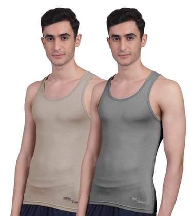 Freecultr Vest for Men | Bamboo Sleeveless, Super Soft Round Neck Gym Comfort Vest | Workout Regular Fit Innerwear | Breathable Sando with Long Hemline  Pack of 2-Beach Sand,Iron Charcoal