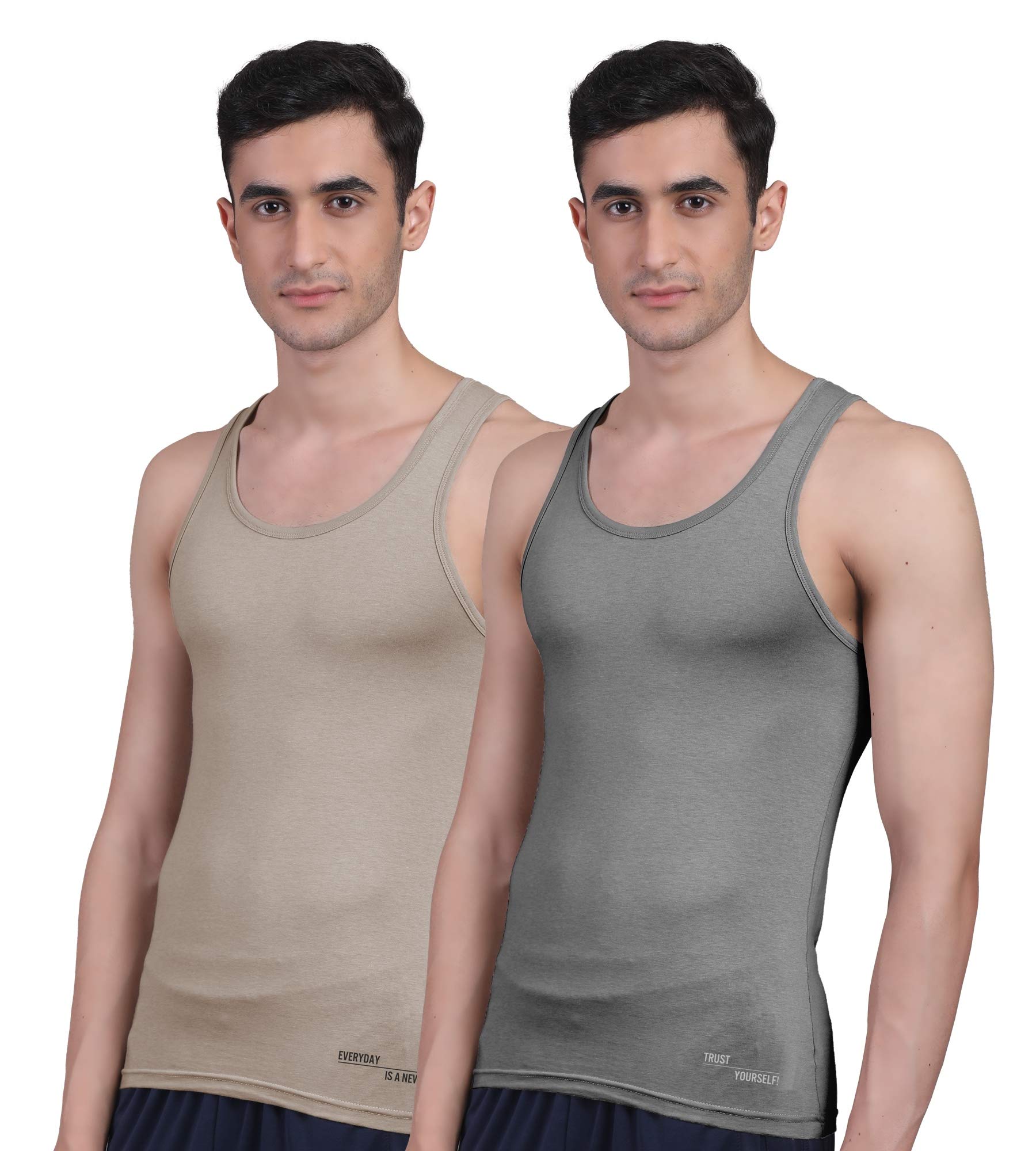 Freecultr Vest for Men | Bamboo Sleeveless, Super Soft Round Neck Gym Comfort Vest | Workout Regular Fit Innerwear | Breathable Sando with Long Hemline  Pack of 2-Beach Sand,Iron Charcoal