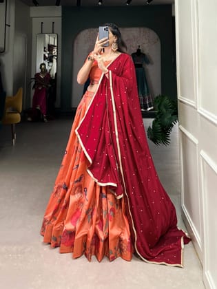 Tussar Silk Digital Printed Lehenga Choli Set-Free Size