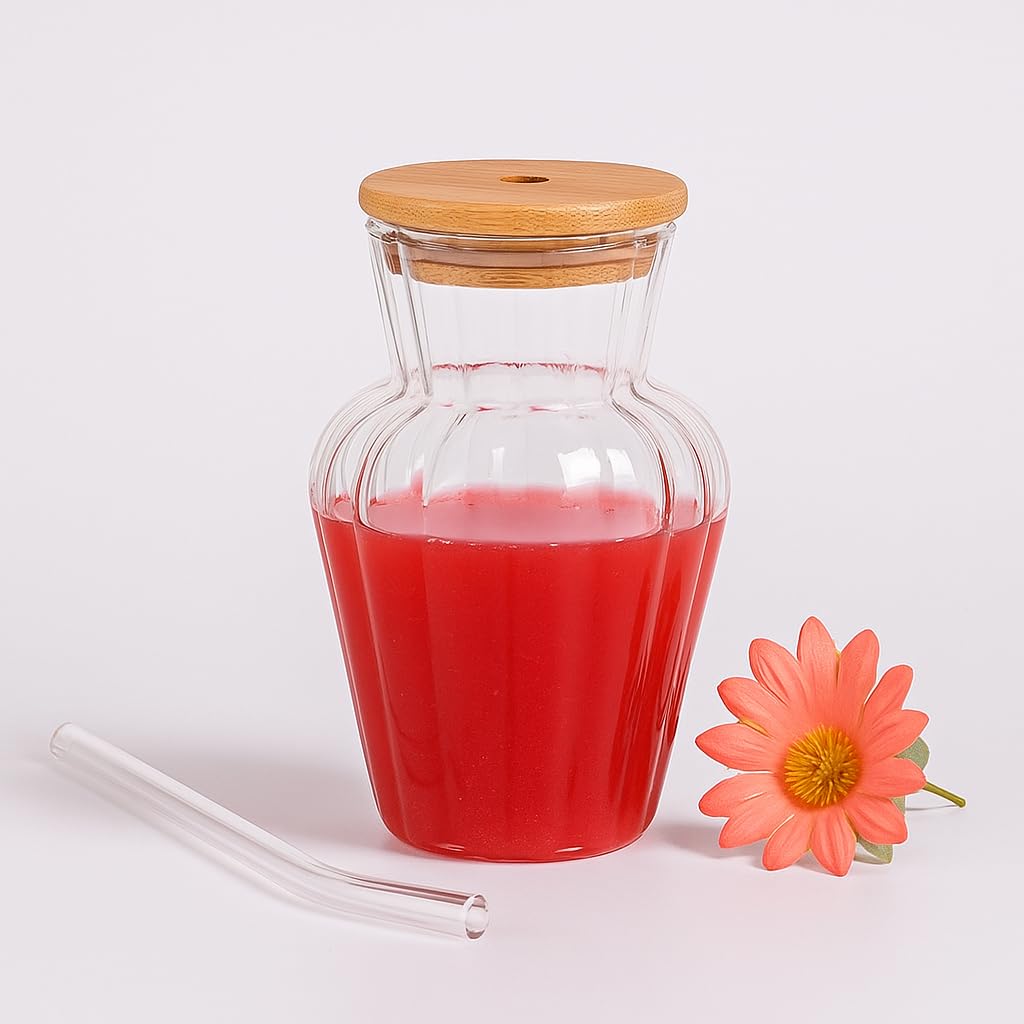 Juice & Water Sipper with Bamboo Lid and Straw, 440 ML, Set of 1, Glass Tumbler for Milkshakes, Coffee, Falooda and Mix Drink, Drinking Jar for Home, Office, Restaurant