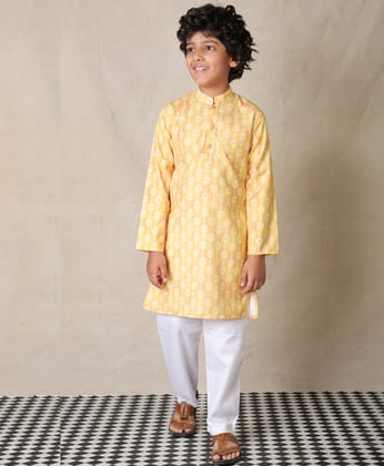 YELLOW PRINTED PURE COTTON KURTA WITH WHITE COTTON PAJAMA - SET OF 2-2-3 YEARS / 2N / YELLOW/WHITE