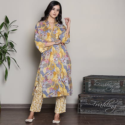Printed yellow A-line kurta set-XS