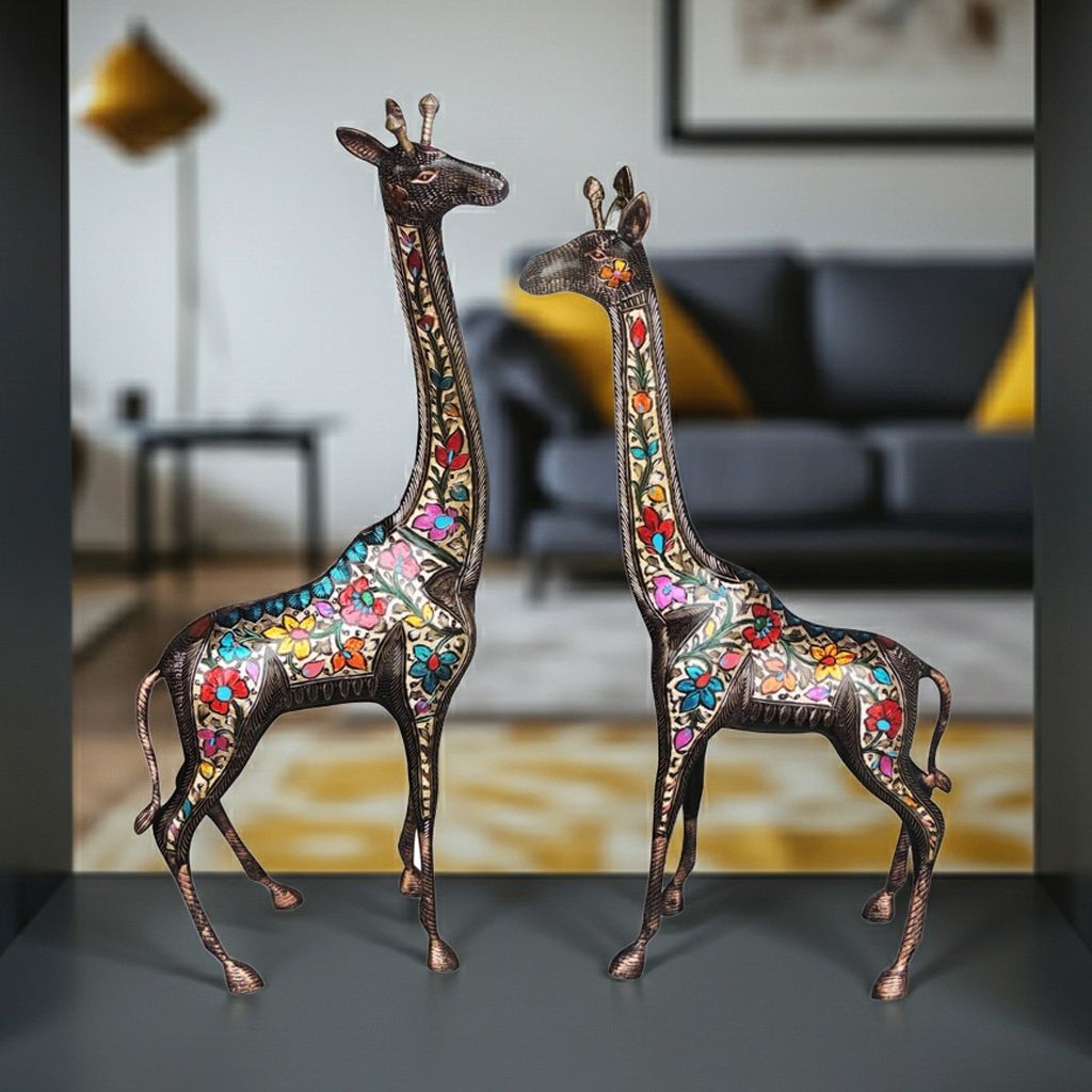 Brass Giraffe Statue Set of 2 | Luxury Wildlife Decor, Height : 34.2 Inch (ANMAS230 D)