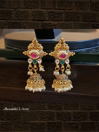 Ruby stone pirohi jhoomki with kundan and green stone