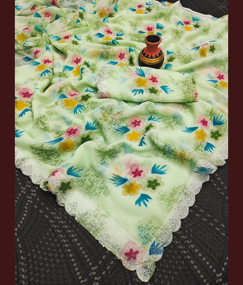 Parmila Fashion Georgette Printed Bhagalpuri Saree With Unstitched Blouse Piece ( LightGreen )