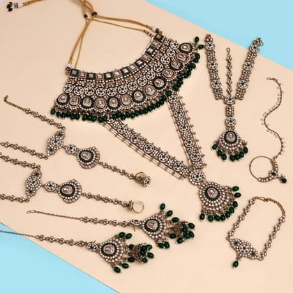 Green Color Kundan Dulhan Set (BDL263GRN)-Adjustable Rope / Green / Alloy With Good Quality Mehandi Gold Plated