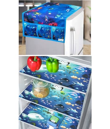 Crosmo Polyester Floral Printed Fridge Mat & Fridge Cover ( 64 18 ) Pack Of 4 Blue