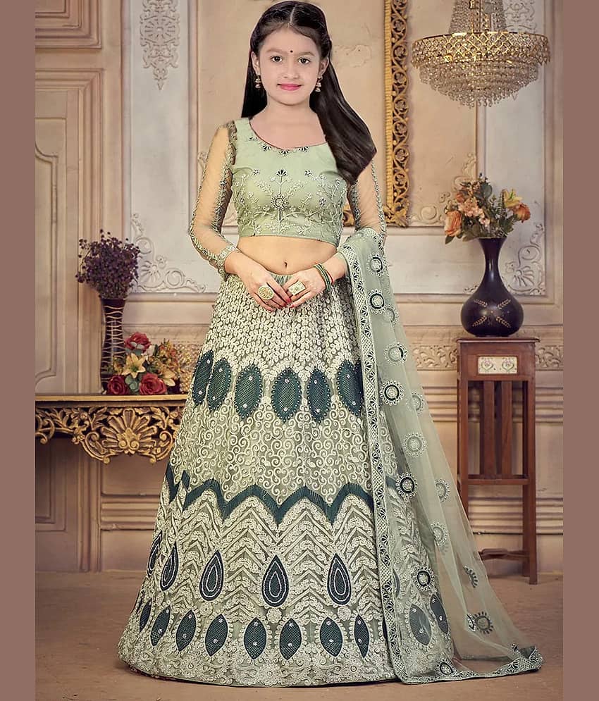 Keyura Net Lehenga Choli Set For Girls ( Pack of 1 , Apple Green )