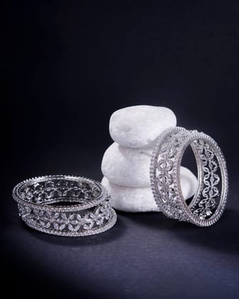 Diamond Frost White Bangles (Pack of 6)-White / Rhodium / 2.4