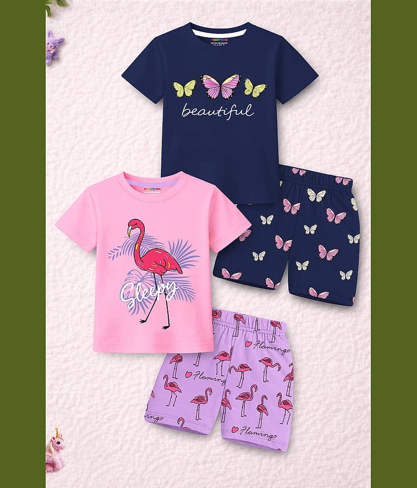 Trampoline Girls Cotton Blend T-shirt & Shorts Set ( Blue & Pink , Pack of 2 )