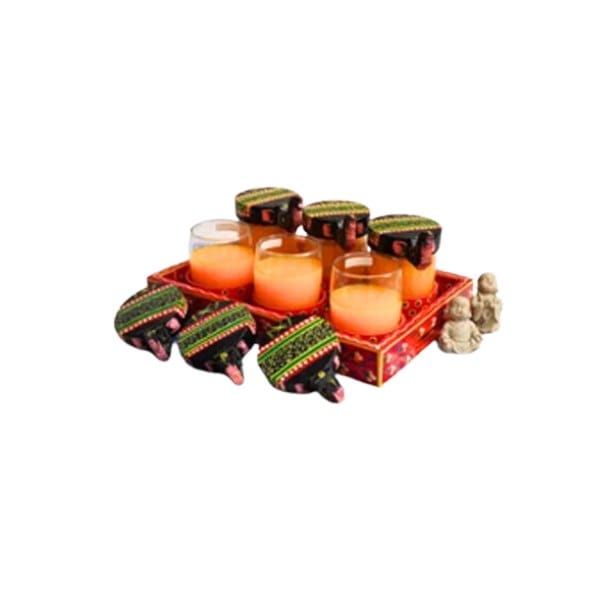 Colourful Tray with 6 Glasses and Elephant Lids