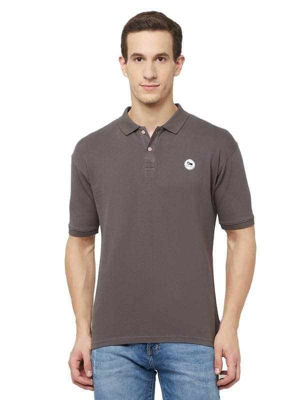 Men's Casual Solid Cotton Blend Polo Neck T-Shirt (Grey, L)-PID47773