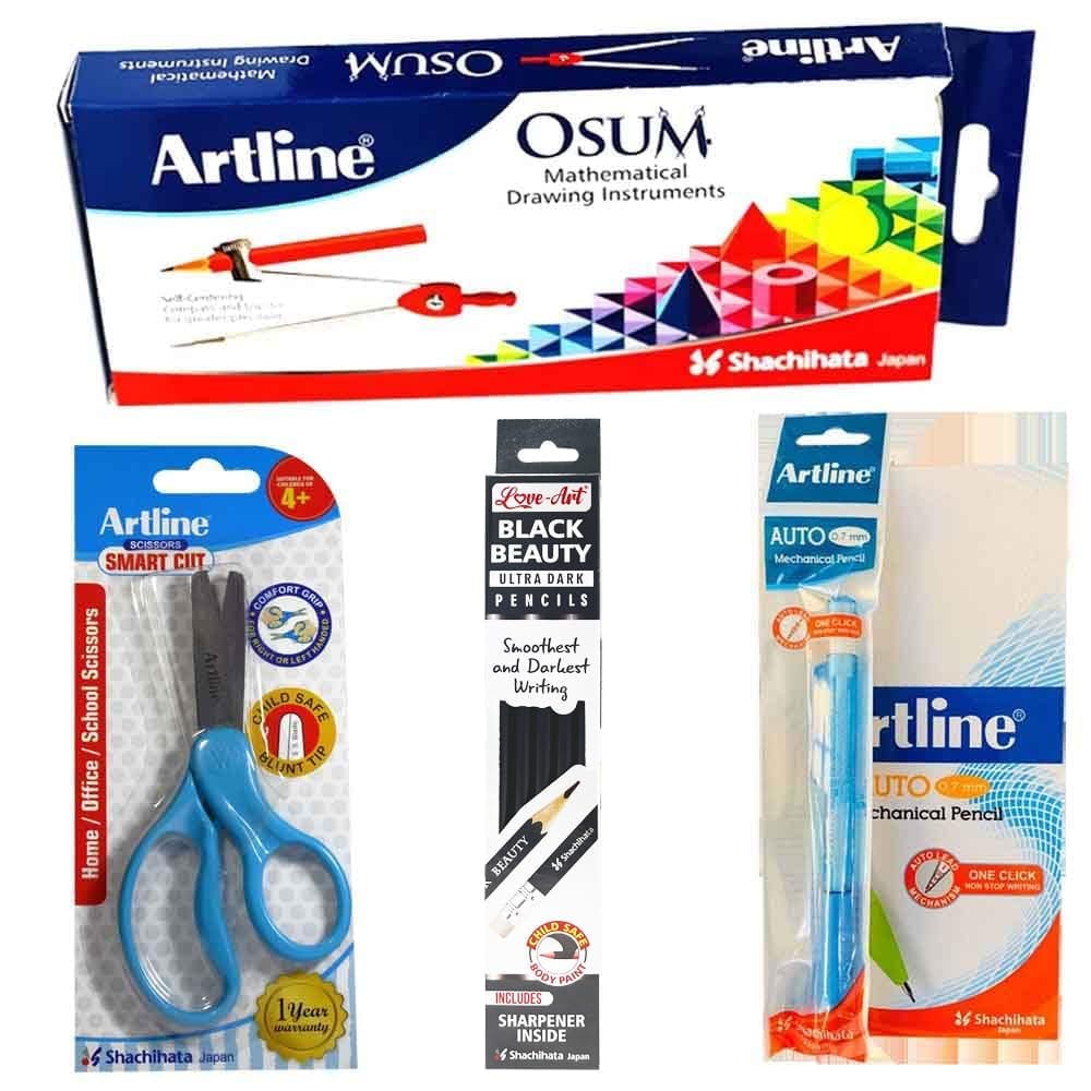Artline Auto Mechanical Pencil 0.7MM, Blackbeauty Ultra Dark Pencil Pack of 10, Smart Cut Scissors, Osum Mathematical Drawing Instrument Box Combo Pack