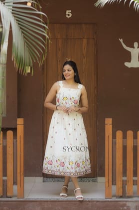 Graceful Pure Embroidery Work On Khadi Cotton Fabric maxi Frock-Off White / S-36
