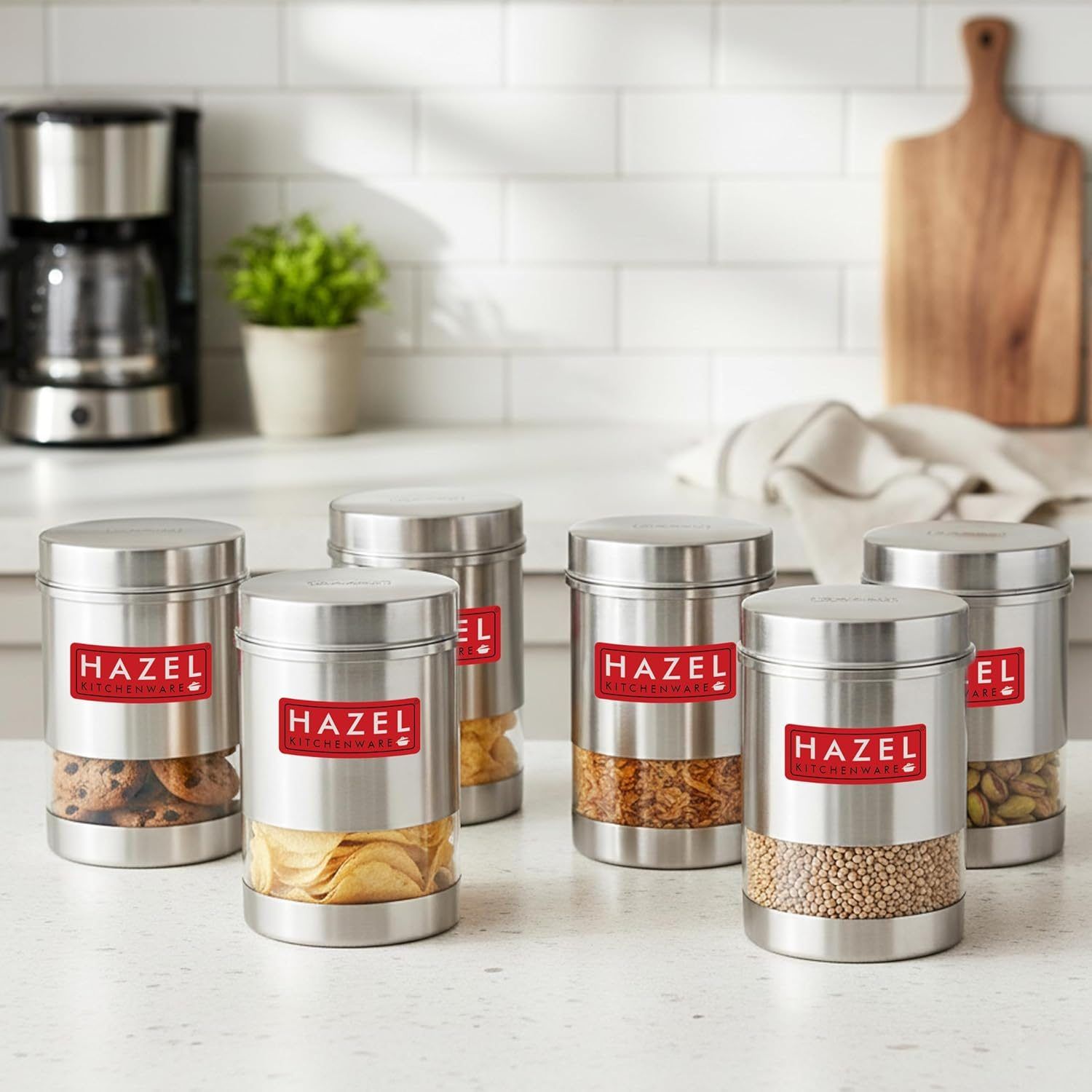 HAZEL Stainless Steel Kitchen Container, 600 ml Each Transparent Kitchen Container Set with Matt Finish , Multipurpose Storage Box for Kitchen, Set of 6