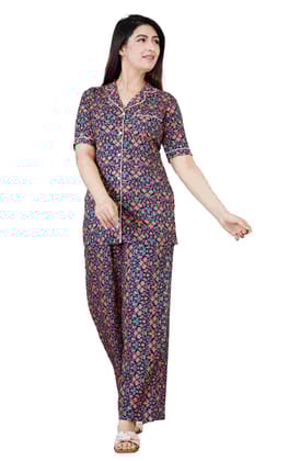 Women's Casual Half Sleeve Printed Viscose Rayon Shirt with Pyjama Pant Night Suit Set Size L (Blue)