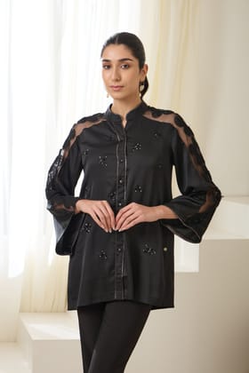 DEW SEQUINED FORMAL CREPE SHIRT-Black / Poly Crepe / XXS