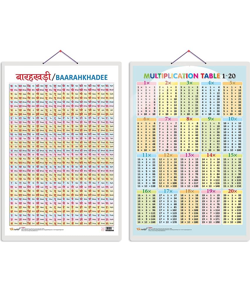Set of 2 Baarahkhadee and Multiplication Table 1-20 Early Learning Educational Charts for Kids | 20"X30" inch |Non-Tearable and Waterproof | Double Sided Laminated | Perfect for Homeschooling, Kindergarten and Nursery Students