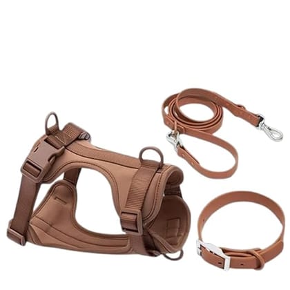 Blingpets Dog Harness, Leash, Collar, Complete Set, Comfortable No-Pull Dog Vest Harness, Ultralight Breathable Mesh Dog Traction Strap, Stylish & Comfortable (Coffee, Large)