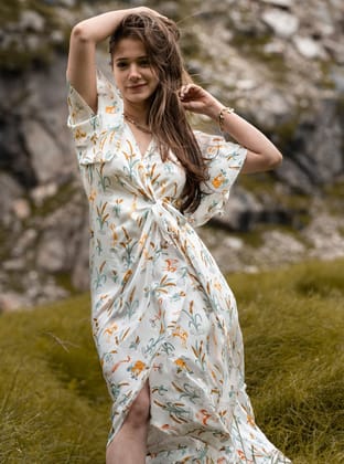White Dream - Hand Block Printed Wrap Dress-S-M