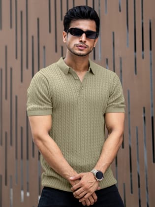 Ribbed Knit Light Green Polo Half Sleeve T-Shirt-S / Light Green