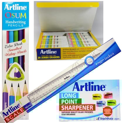 Artline Combo Pack of OSUM Handwriting Pencil Pack Of 10, Jumbo Dust Free Eraser Box Of 20, Long Point Sharpener Box Of 20 and Scale 30CM Transparent Pack of 10