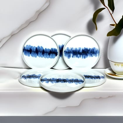 Tablejoy Edged Snack Plate Set Of 6, Blue Poreclain Round Plate For Dining Table, Home, Restaurant & Gifting, Microwave And Diswasher Safe, Aesthetic Design, Light Weight And Durable, Spill Proof