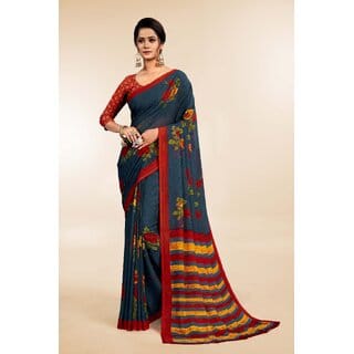 SVB Sarees Womens Grey Colour Floral Printed Saree With Blouse Piece