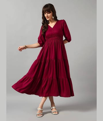 Femvy Women Crepe Solid Fit & Flare Dress ( Wine )