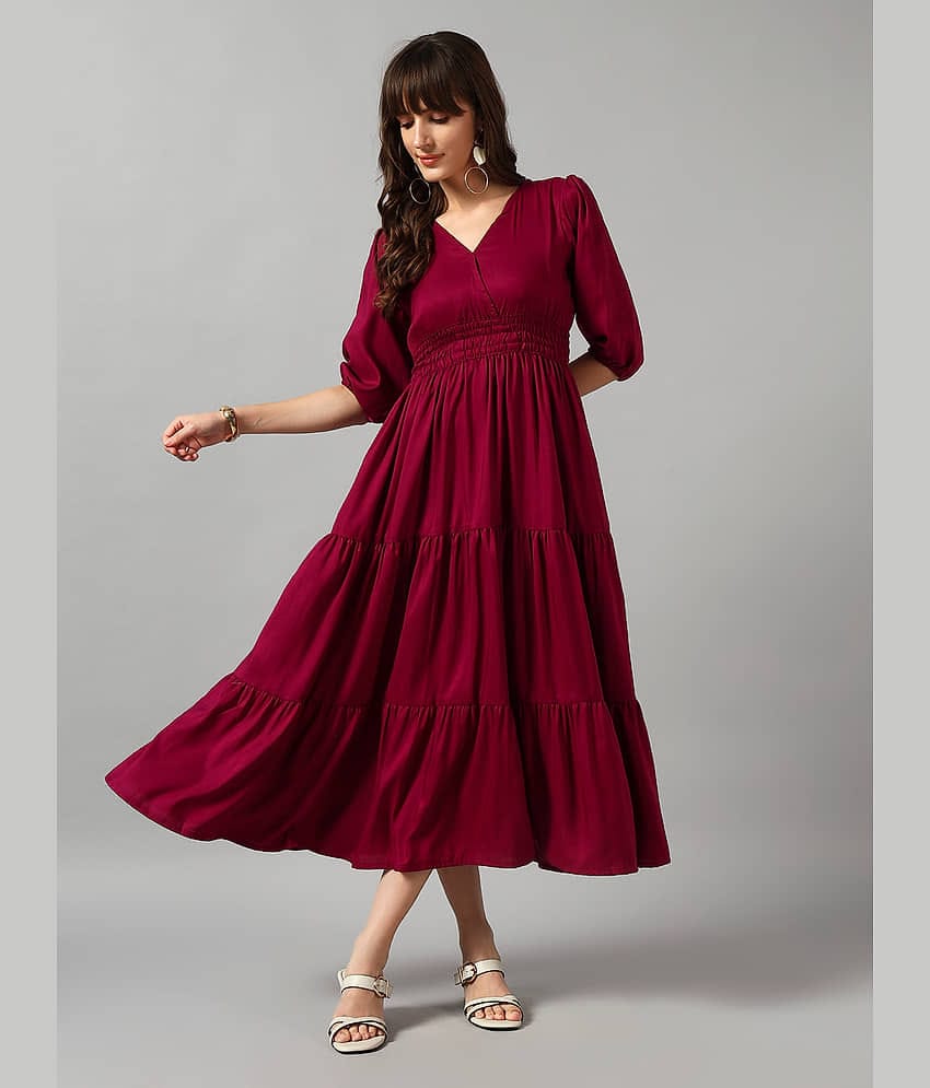 Femvy Women Crepe Solid Fit & Flare Dress ( Wine )