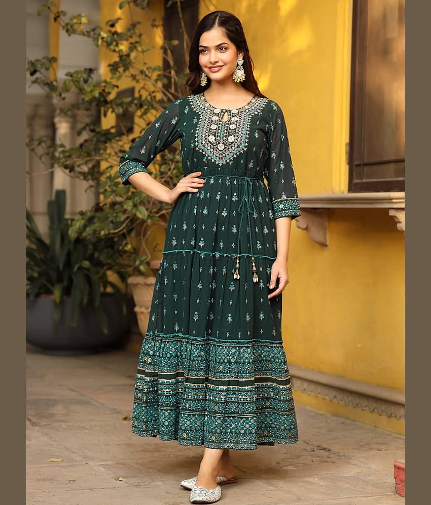 Juniper Georgette Printed Ankle Length Women's Fit & Flare Dress - Green ( Pack of 1 )