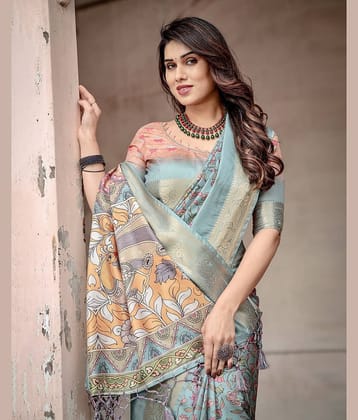Almaari Fashion Cotton Silk Printed Saree With Unstitched Blouse Piece ( Grey )