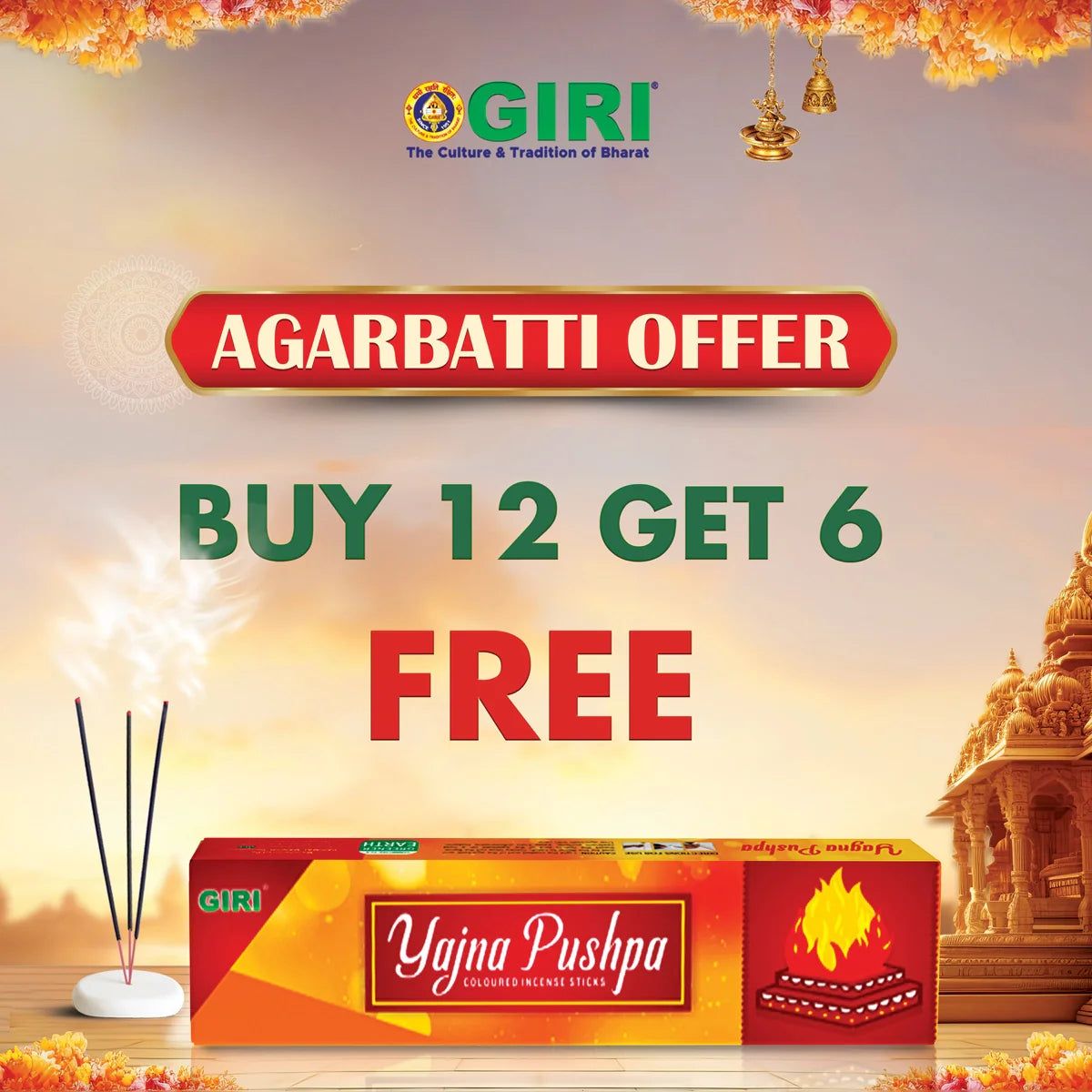 Giri Incense Sticks Pack | Buy 12 Get 6 | Scent Sticks Combo | Agarbatti Pack | Agarbathi Combo Pack for Pooja | Scent: Yajna Pushpa