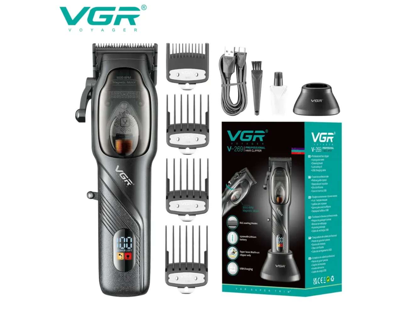 VGR V-269 Professional Hair Clipper with LED Display, 9000 RPM, DLC Coating blades, Trimmer 150 min Runtime 4 Length Settings (Black)