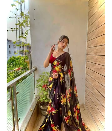 ANAND SAREES Georgette Printed Saree With Unstitched Blouse Piece ( Black )