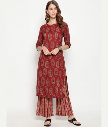 Antaran Cotton Printed Kurti With Palazzo Women's Stitched Salwar Suit - Red ( Pack of 1 )