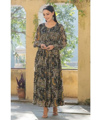 Juniper Women Chiffon Printed Fit & Flare Dress ( Black )