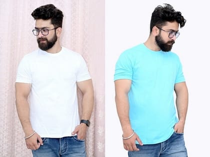 Tru Threads Solid Premium T-Shirt 2 Pcs Combo - White, Cyan (Size - M)