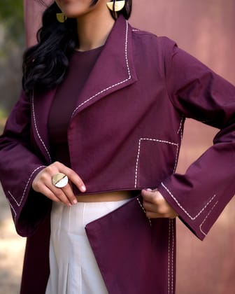 Kantha Embroidered Convertible Trench Coat - Burgundy-XS